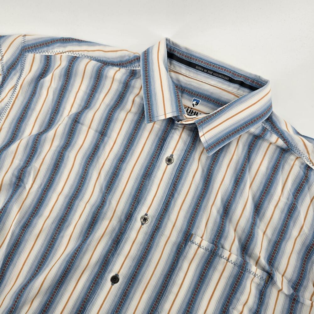 Kuhl Ivory Yellow Blue Brown Red Stripe Short Sleeve Hiking Shirt XXL‎